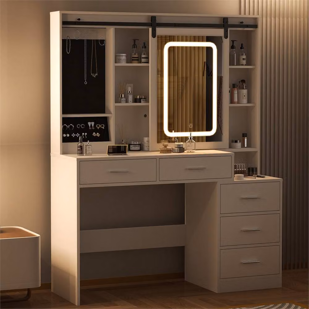 FLAVORA White Glossy Modern Dressing Table with Hollywood LED Light Mirror and Drawers, W: 120 cm, H: 150 cm – 3