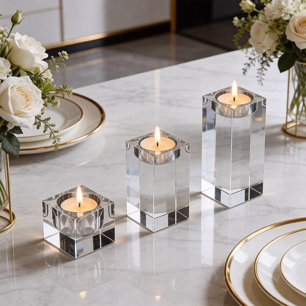 SPETLEK Set of 3 Modern Square Glass Pillar Candle Holders in Transparent – 3