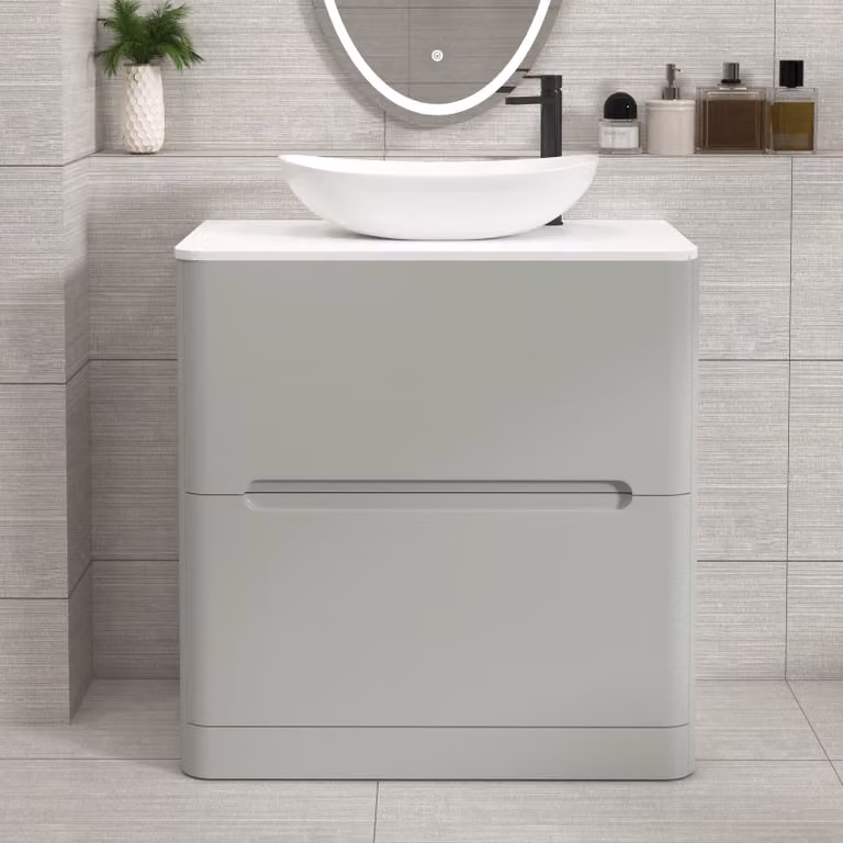 Royal Bathrooms Venice 800mm Floor Standing Vanity Unit in Dove Grey with 2 Drawers, Plain White Worktop and Cesar Basin