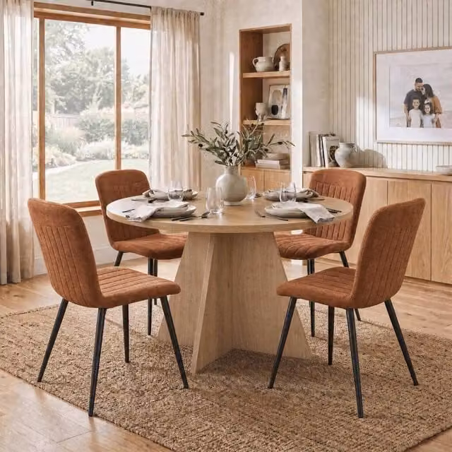 FWStyle Round Natural Oak Dining Table and 4 Grace Chestnut Dining Chairs in Brown