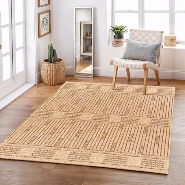 Livabliss Mirage-Cottage Tan Brown Jute-Look Indoor and Outdoor Rug with Fringes, W/D/H: 120 x 170 cm