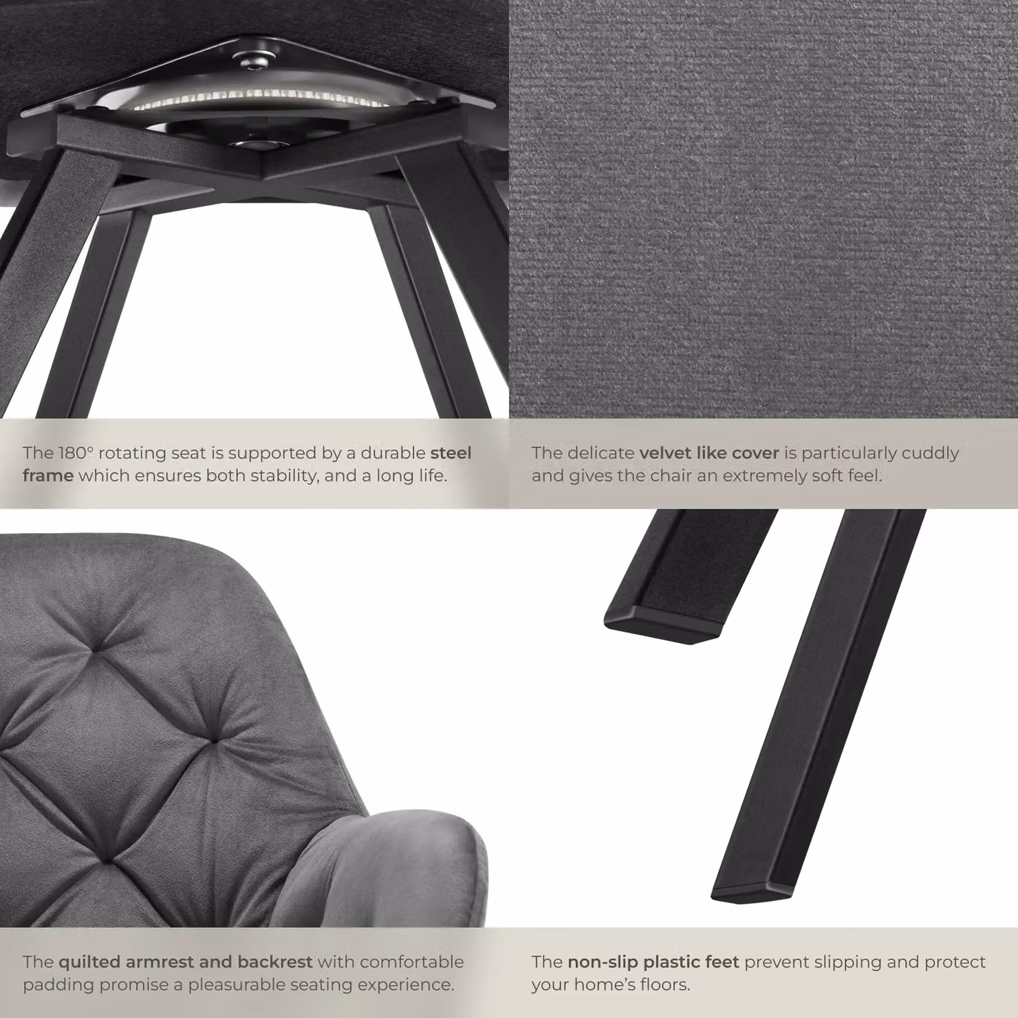tectake Lucia Armchair in Anthracite Dark Grey with Velvet Upholstery and Metal Frame – 5