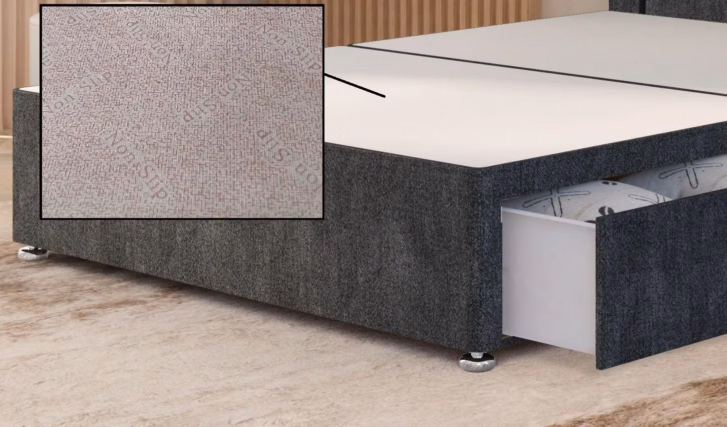 Somnior Eleanor Divan Base with 2 Drawers and 54 inch Floor Standing Headboard in Charcoal Grey Tweed Fabric, Size: 120 x 200 cm – 2
