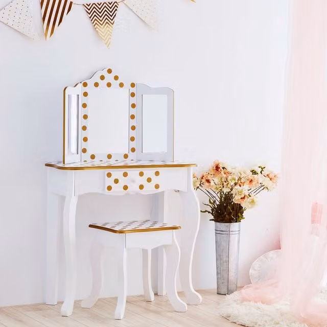 Teamson Kids Vanity Table with Mirror and Stool in White and Gold Polka Dot