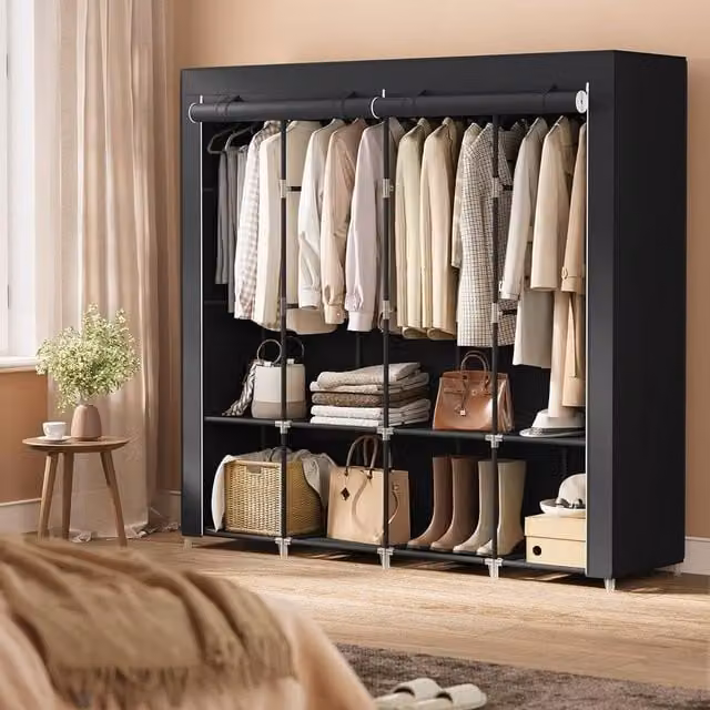 The Bazaarist Portable Wardrobe with 4 Hanging Rails and Internal Shelves, Black