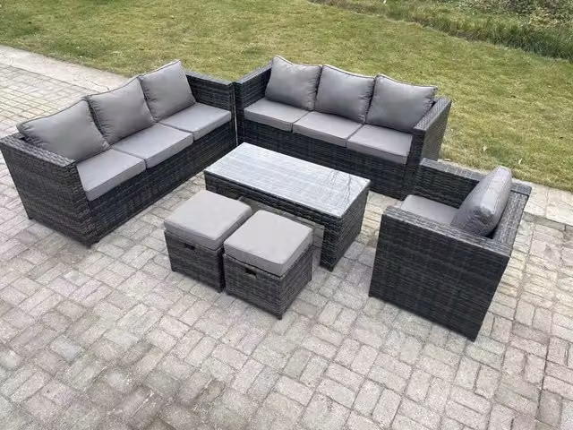 Fimous Outdoor Rattan Garden Furniture Lounge Sofa Set with Oblong Rectangular Coffee Table and 2 Stools in Dark Grey