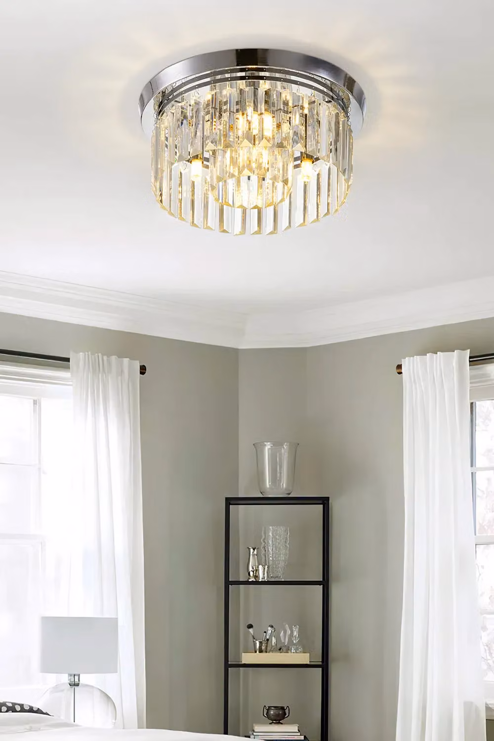 Living and Home Crystal Column Flush Mount Ceiling Light with Chrome Frame in Silver and Transparent – 3