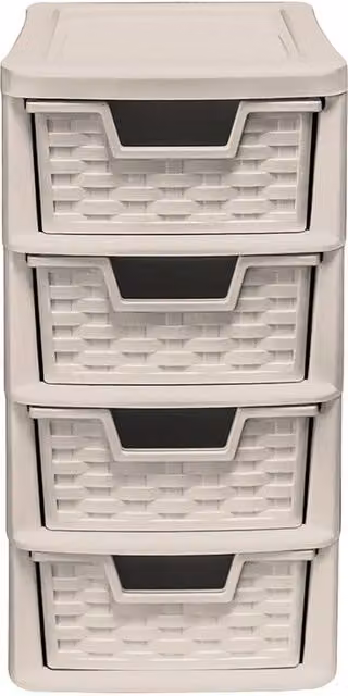Simpa 4 Drawer Rattan Style Tower Storage Unit in Taupe and Beige, H: 38.5 cm, W: 19.5 cm