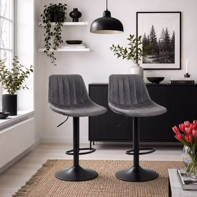 Wyld Haus Rotteli Set of 2 Charcoal Grey Faux Leather Adjustable Swivel Tub Bar Stools