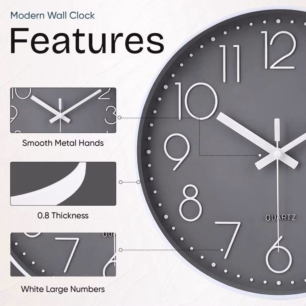 PAWNORA Grey Silent Round Quartz Wall Clock, Diameter: 30.48 cm – 2