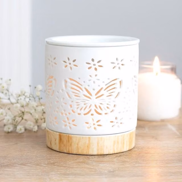 Gloriously Good White Butterfly Ceramic and Metal Tabletop Oil and Wax Melt Burner for Tealights