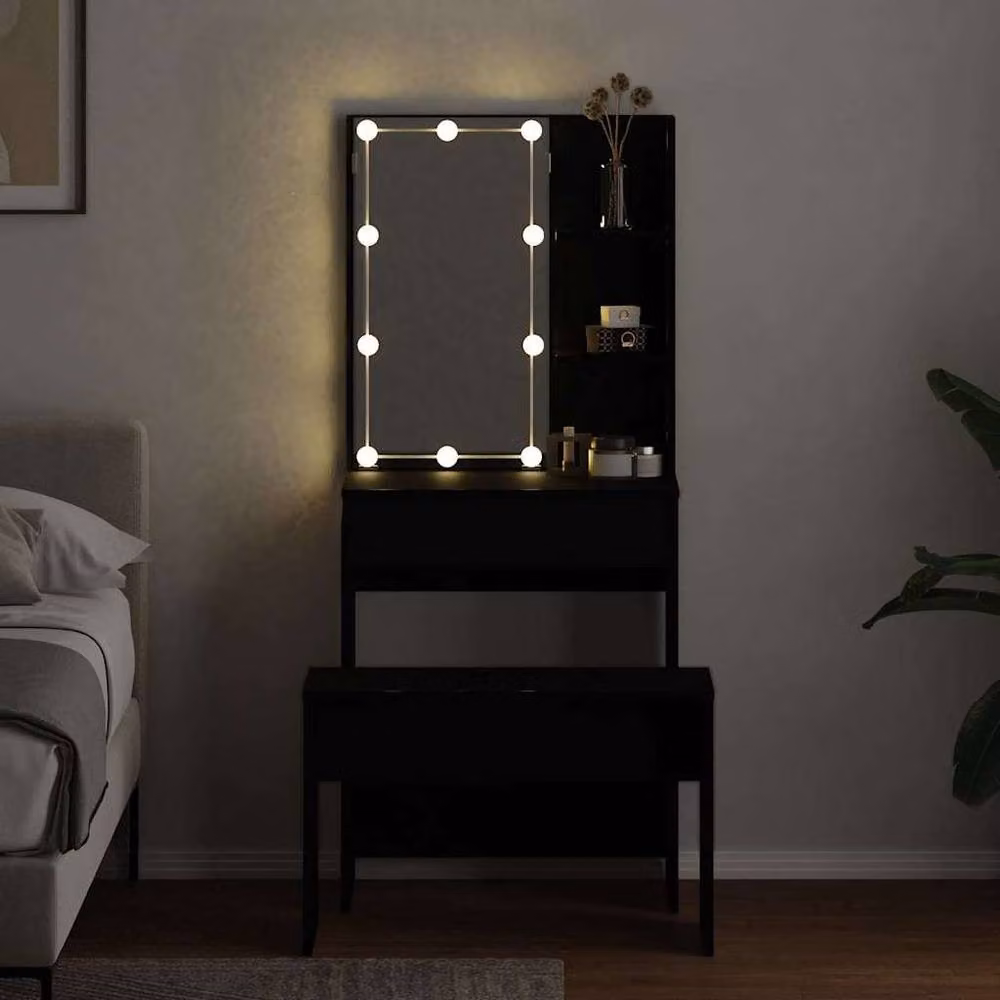 Berkfield Home Hollywood LED Dressing Table Set in Black Oak Engineered Wood – 4