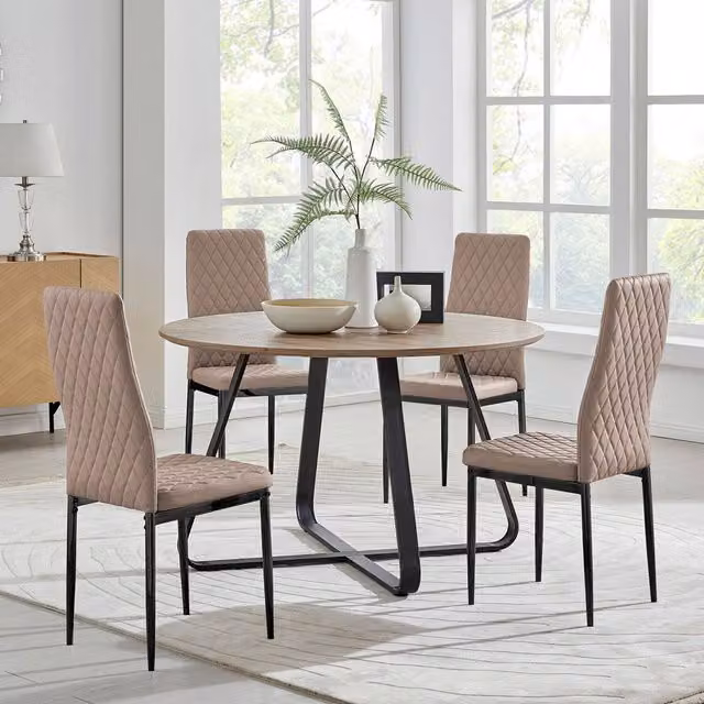 FurnitureboxUK Santorini Round Dining Table in Brown with 4 Milan Black Leg Chairs