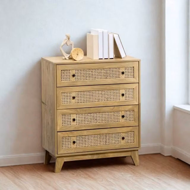 FURNOS Wide Rattan Effect 4 Drawer Bedroom Storage Chest Unit in Brown – 1
