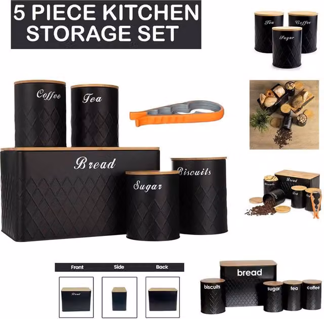 ATEK 5 Piece Airtight Bread Bin and Canister Set with Can Opener in Black