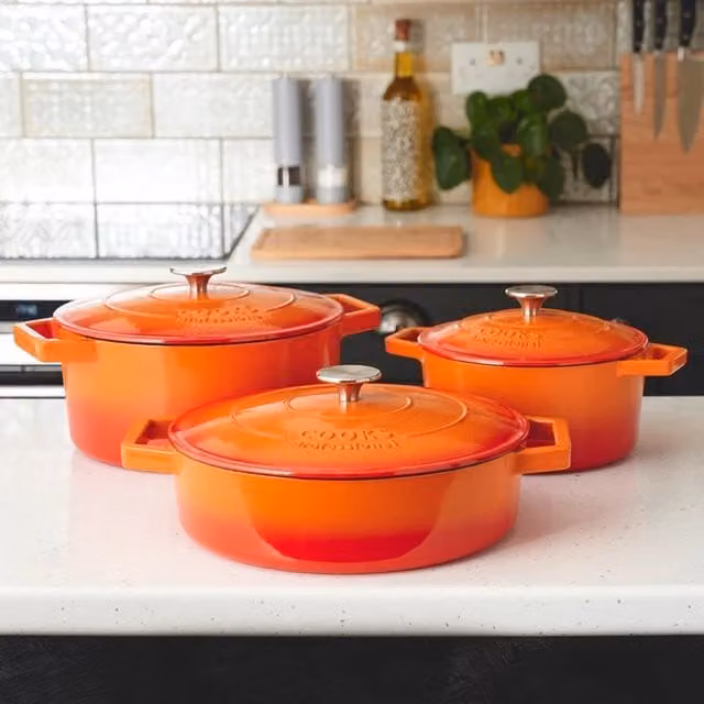 Cooks Professional Set of 3 Enamelled Cast Iron Casserole Dishes with Lids in Orange and Black