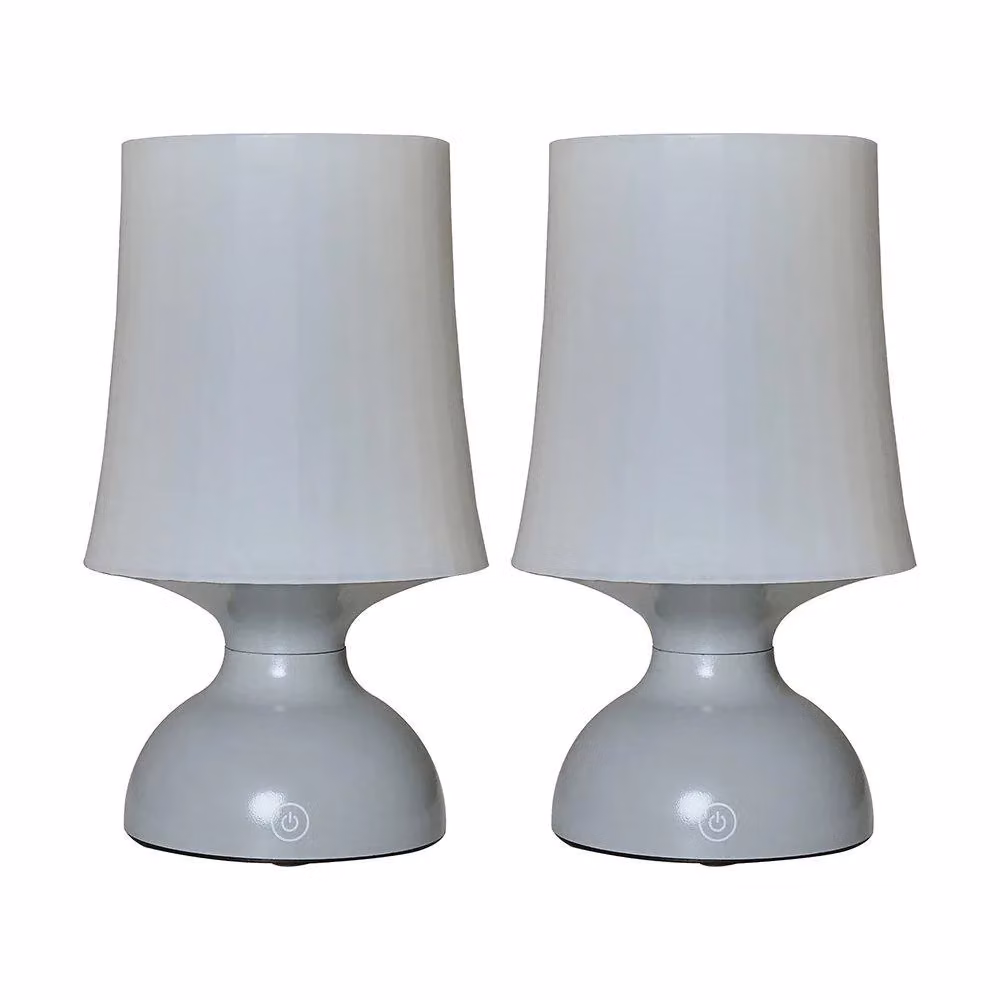 ValueLights Set of 2 Wireless LED Grey Touch Table Lamps with White Fabric Tapered Shades – 2