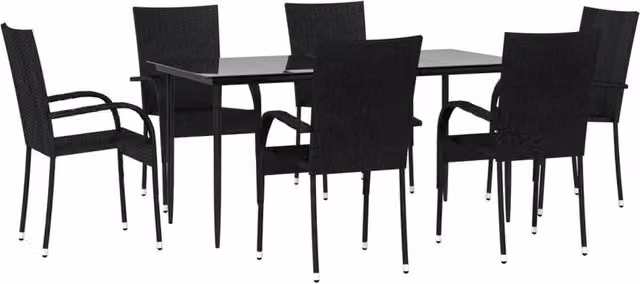 Berkfield Home Beautiful 7 Piece Black Poly Rattan Garden Dining Set with Glass Top and Steel Frame