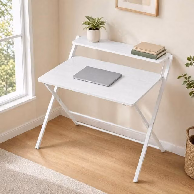 STILVORA Folding Desk with Shelf and Storage in White