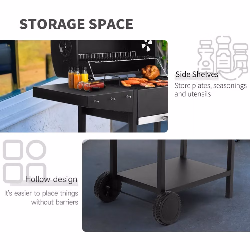 Living and Home Charcoal BBQ Grill with Side Table and Cart in Black Steel, W/D/H: 119 x 50 x 101 cm – 4