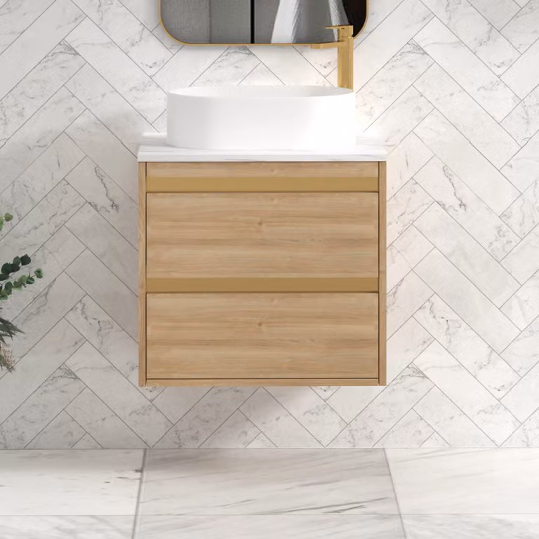 Royal Bathrooms Orion 800mm Natural Oak Wall Hung 2 Drawer Vanity Unit with Peak Basin and Brushed Brass Accent Trim