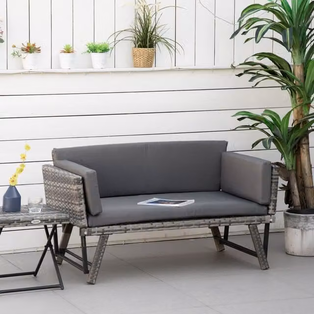 OUTSUNNY 2-in-1 Rattan Folding Chaise Lounger with Cushion in Grey – 1