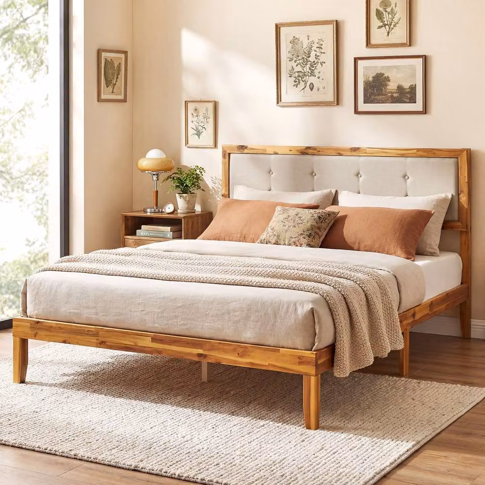 Costway King Size Acacia Wood Platform Bed Frame with Tufted Fabric Headboard, Brown – 2