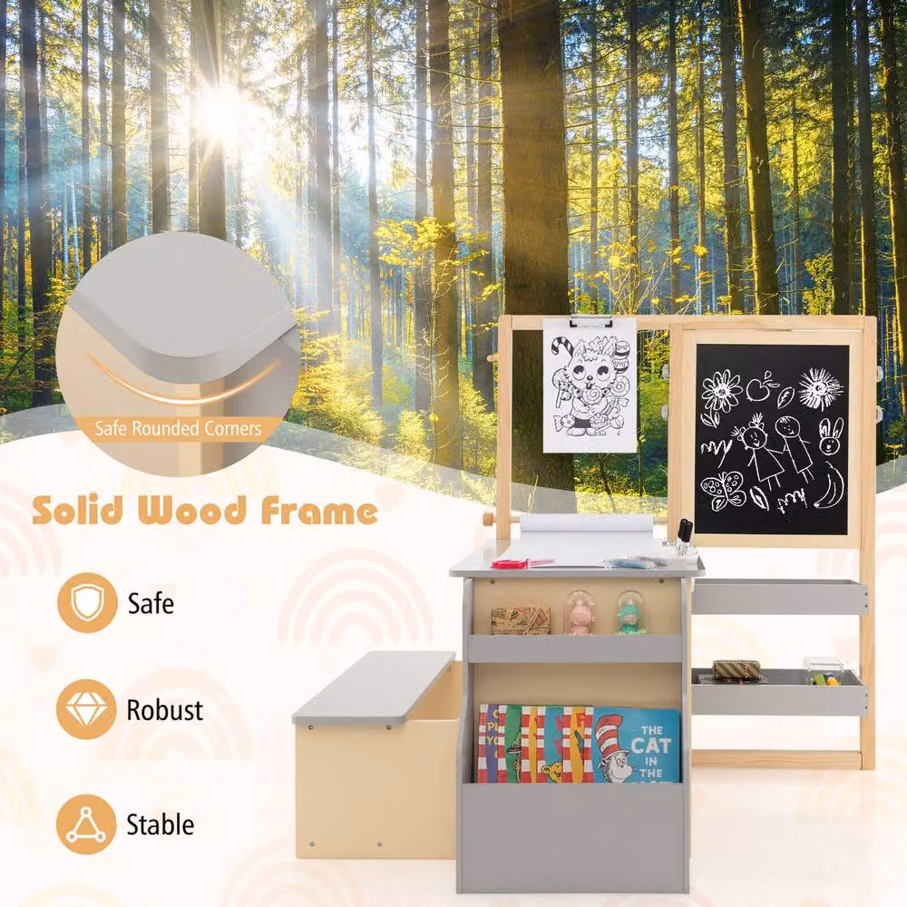 Costway Kids Wooden Art Easel, Table and Bench Set with Shelves in Grey – 3