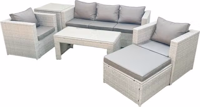 Fimous 6 Piece Rattan Garden Furniture Set in Light Grey with Upholstered Cushions, 3 Seater Sofa, 2 Armchairs, Coffee Table and Ottoman