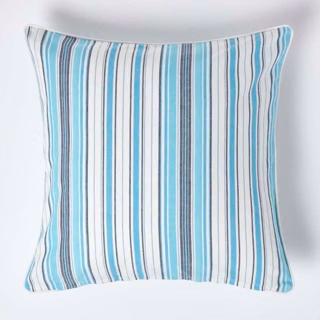 Homescapes Blue Striped Cotton Square Cushion Cover, W: 60 cm x H: 60 cm