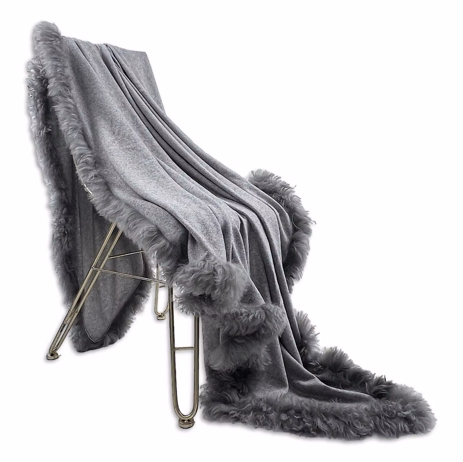 Native Natural Grey and Beige Woven Wool Blanket with Sheepskin Trim – 2