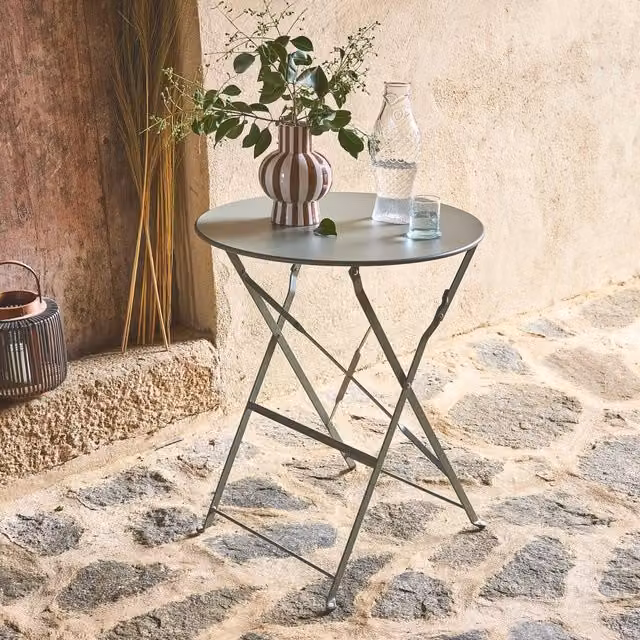 sweeek Folding Metal Bistro Garden Table in Khaki, Diameter: 60 cm, Height: 71 cm