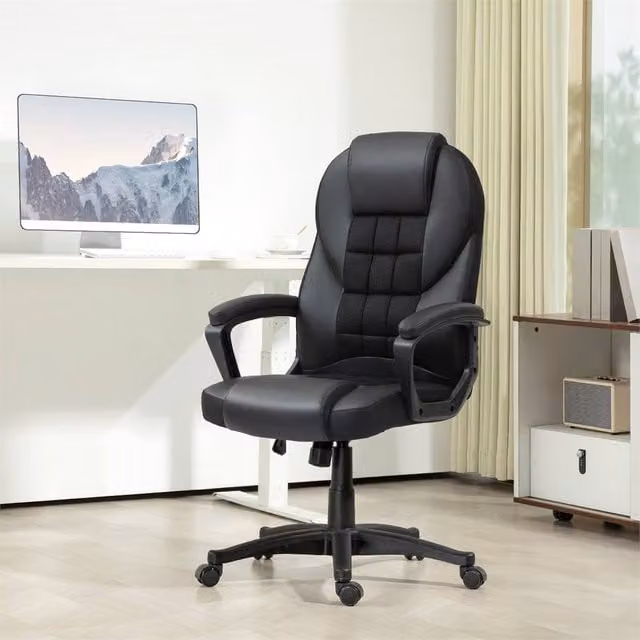 KORVIXA Black Synthetic Leather High Back Executive Office Chair with Armrests and Castors – 1