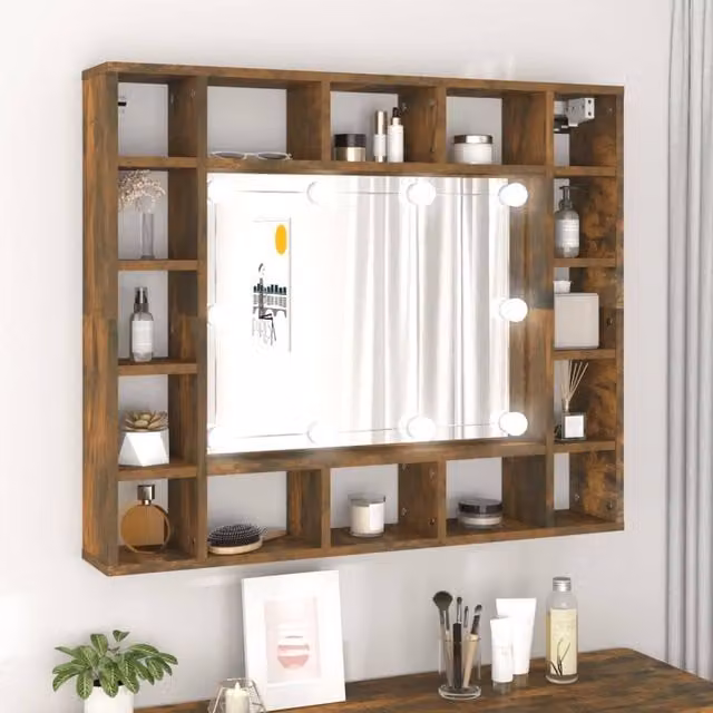Berkfield Home Mirror Cabinet with LED Lighting in Smoked Oak Brown, W/D/H: 91 x 15 x 76.5 cm