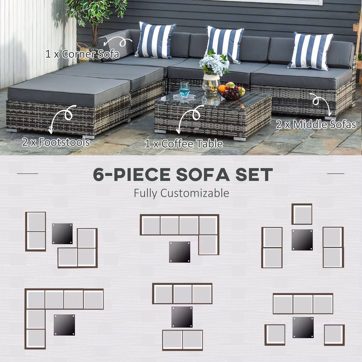 Outsunny 5-Seater Grey Rattan Sofa and Coffee Table Set with Cushions – 5
