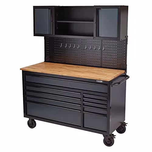Draper BUNKER 08242 Roller Workstation with Workbench and Pegboard, 10 Drawers, Grey and Black