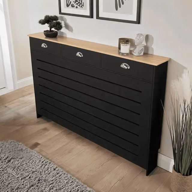 Home Source Batley Radiator Cover with Oak Effect Top and Storage Drawers, Black/Oak, W: 150 cm, H: 96 cm, D: 19 cm