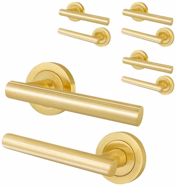AFIT Satin Brass T-Bar Internal Lever Door Handles with Round Rose, Gold, 4 Pairs