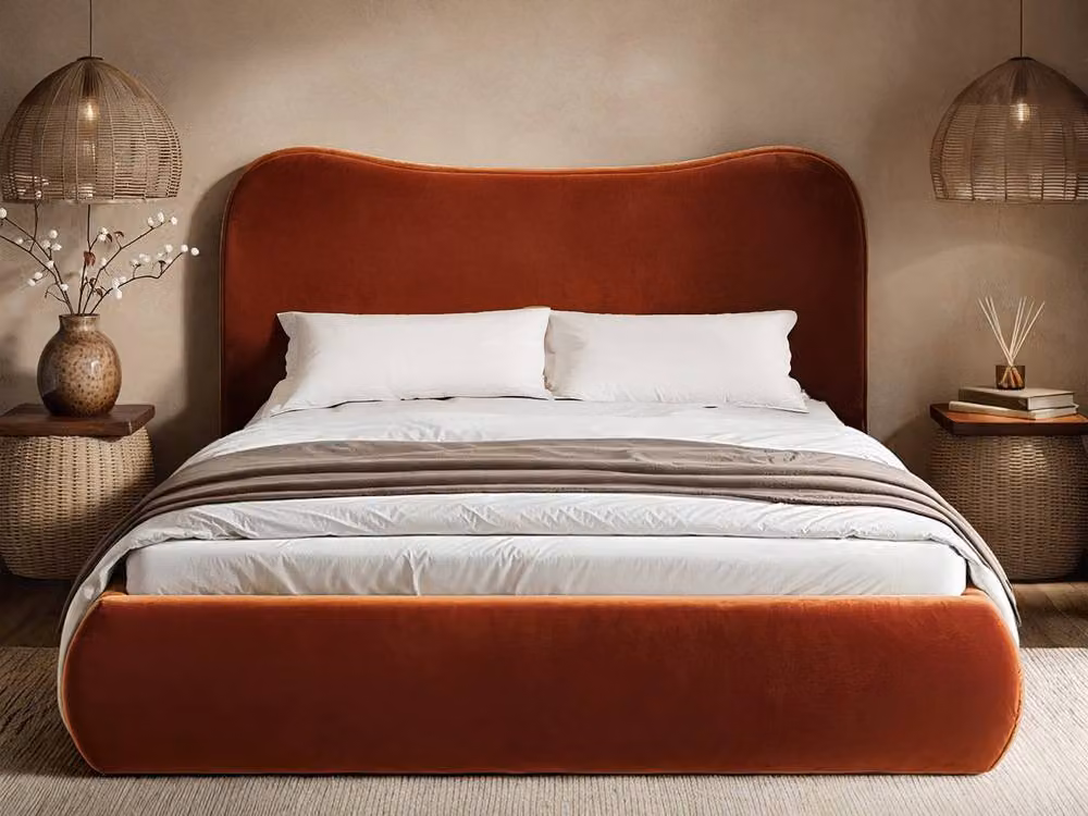 Solace+Co Ember Upholstered Ottoman Bed in Orange Velvet, W/D/H: 140 x 200 x 105.5 cm – 2