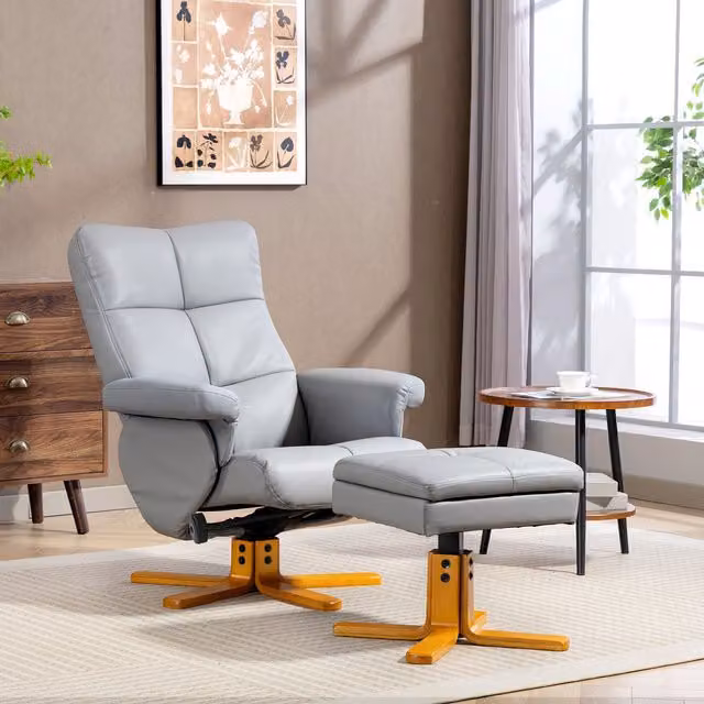 HOMCOM Recliner Chair and Footstool Set in Light Grey PU Leather with Solid Wood Base