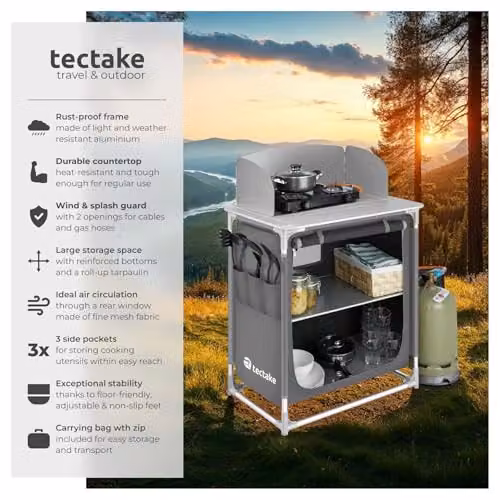 tectake Portable Camping Kitchen in Grey with Aluminium Frame, 2 Shelves, 3 External Pockets, Heat-Resistant Worktop and Zipped Door, W/D/H: 107 x 53.5 x 76 cm – 3
