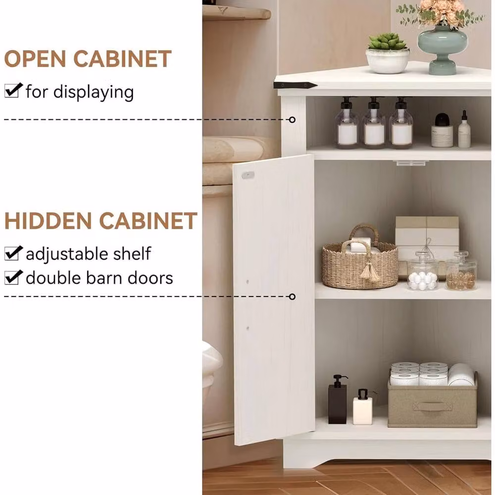 VOGREX Freestanding Corner Bathroom Cabinet with Hinged Doors and Open Shelf in White – 2
