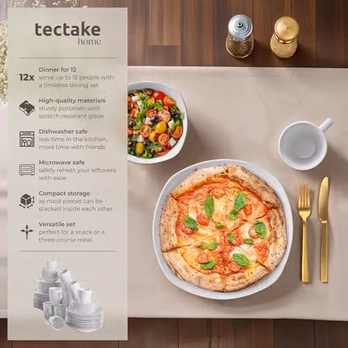 tectake 100-Piece Porcelain Dinner Set for 12 People in White, including Plates, Bowls and Mugs, Dishwasher and Microwave Safe – 2