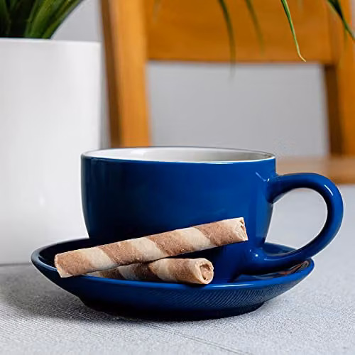 Argon Tableware Blue Stoneware Cappuccino Cup and Saucer Set, 250ml – 4