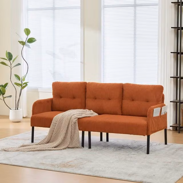 HomeTouch Modern 3 Seater Upholstered Sofa in Orange with Side Pockets and Armrests, W/D/H: 171 x 80 x 57 cm – 1