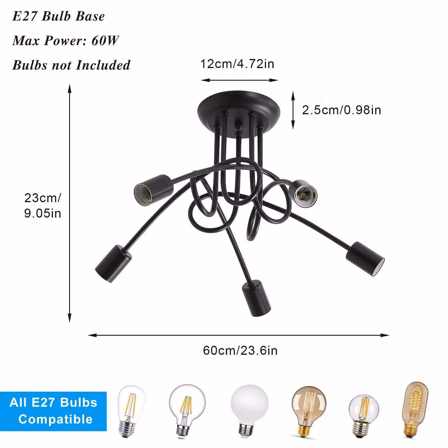 Pheashine Black Twisted Semi-Flush Ceiling Light, E27, Diameter: 52 cm – 2