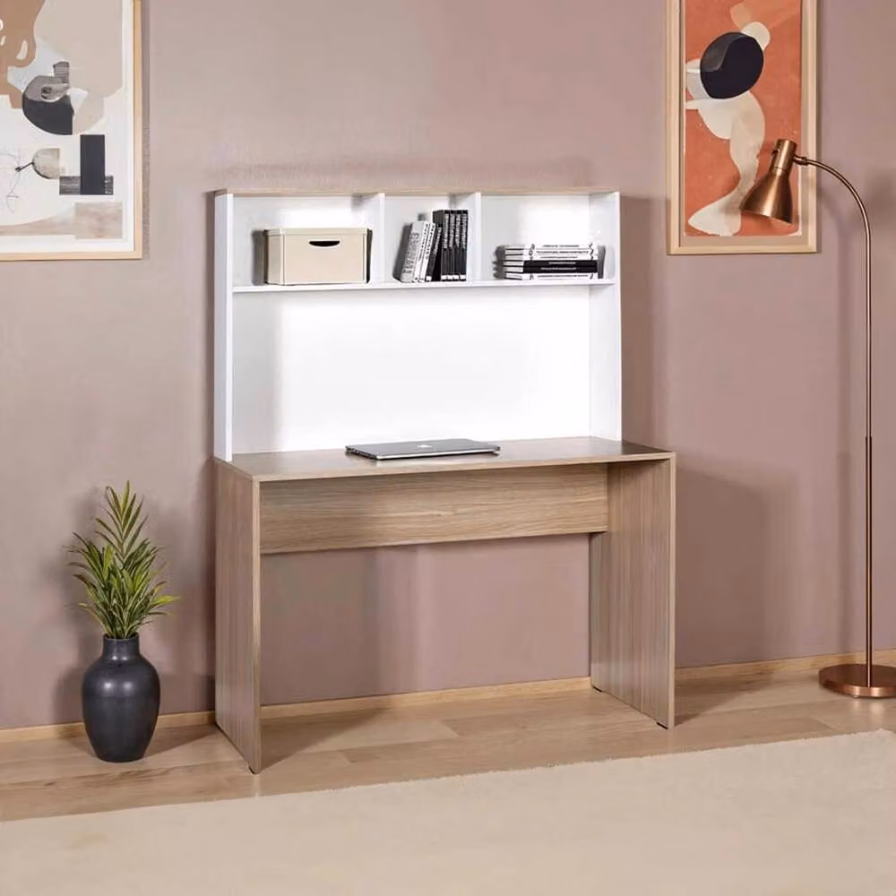 Havendro White Oak Study Desk with 3-Shelf Hutch and Plastic Legs – 2