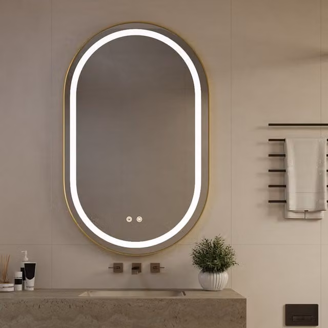 Livingandhome Wall Mounted Oval LED Bathroom Mirror in Gold