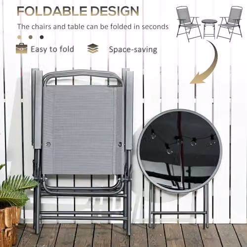 Outsunny 3-Piece Foldable Garden Bistro Set with Round Glass Table and Chairs in Grey – 3
