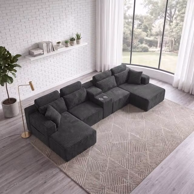 Merax 370cm U-Shape Modular Corner Sofa with Chaise and Cup Holders in Dark Grey – 1